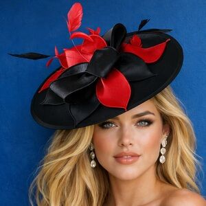 Elegant Black and Red Fascinator Hat KY Derby Tea Church Formal Headwear